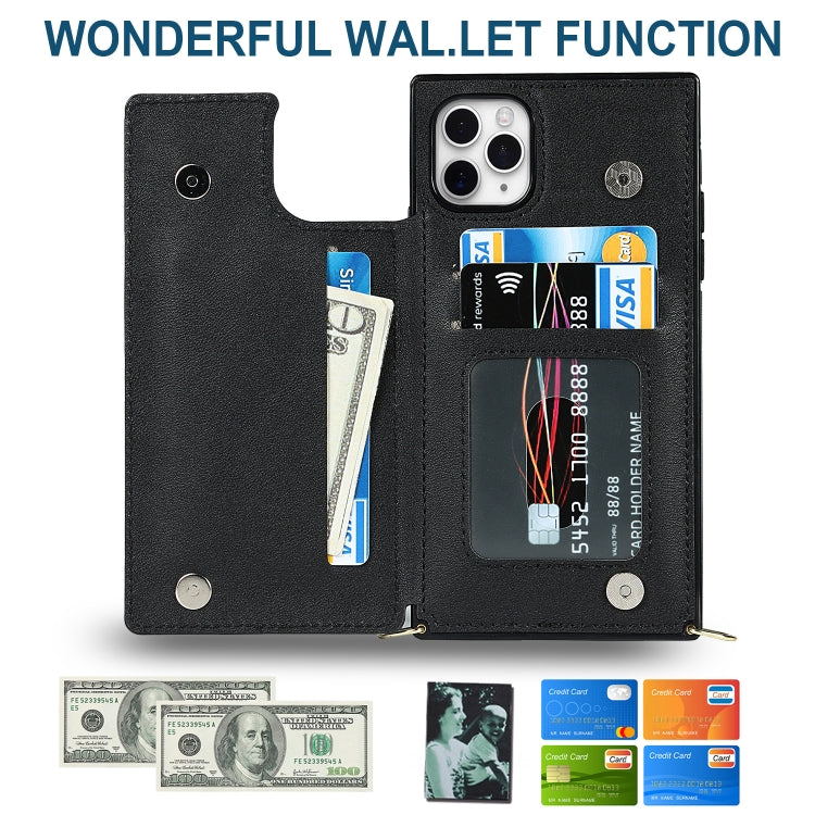For iPhone 11 Pro Max Cross-body Square Double Buckle Flip Card Bag TPU+PU Case with Card Slots & Wallet & Photo & Strap