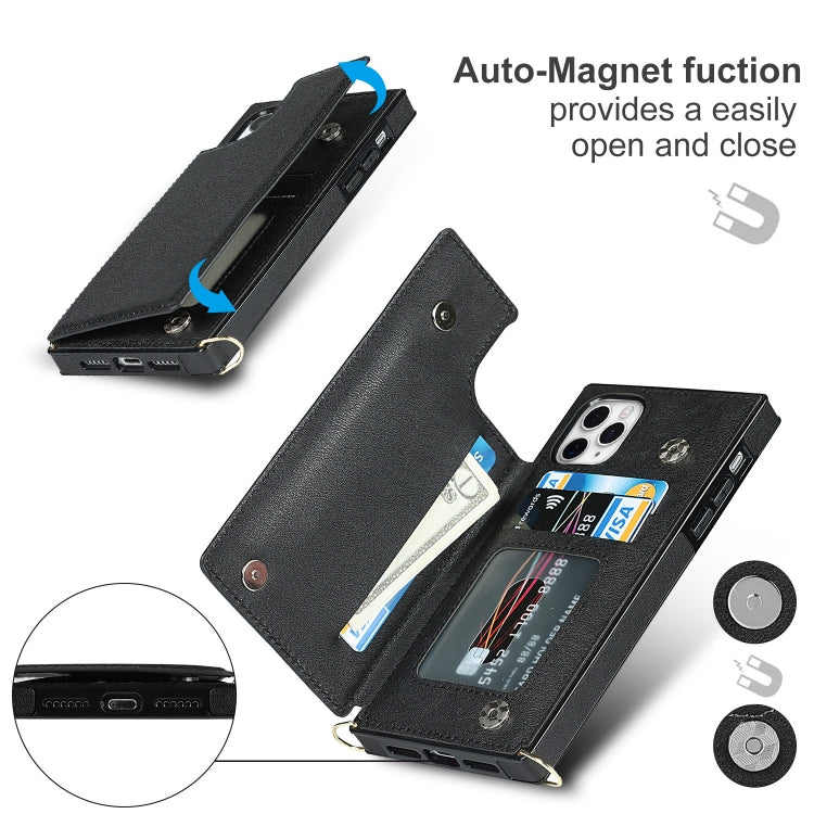 For iPhone 11 Pro Max Cross-body Square Double Buckle Flip Card Bag TPU+PU Case with Card Slots & Wallet & Photo & Strap