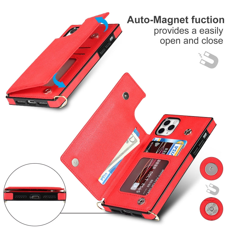 For iPhone 11 Pro Max Cross-body Square Double Buckle Flip Card Bag TPU+PU Case with Card Slots & Wallet & Photo & Strap