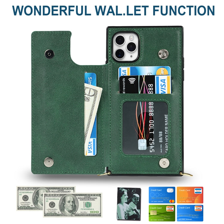 For iPhone 11 Pro Max Cross-body Square Double Buckle Flip Card Bag TPU+PU Case with Card Slots & Wallet & Photo & Strap