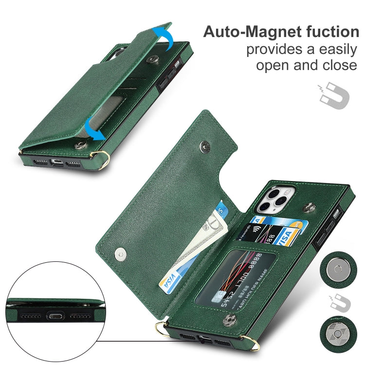 For iPhone 11 Pro Max Cross-body Square Double Buckle Flip Card Bag TPU+PU Case with Card Slots & Wallet & Photo & Strap