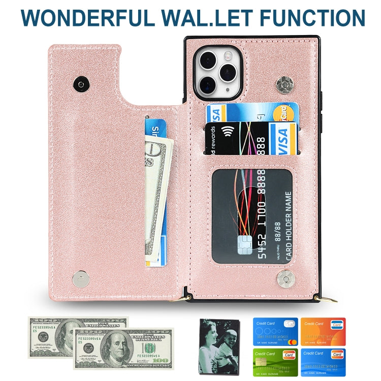 For iPhone 11 Pro Max Cross-body Square Double Buckle Flip Card Bag TPU+PU Case with Card Slots & Wallet & Photo & Strap