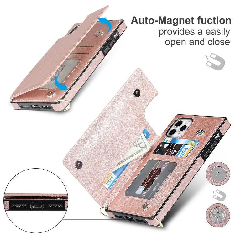 For iPhone 11 Pro Max Cross-body Square Double Buckle Flip Card Bag TPU+PU Case with Card Slots & Wallet & Photo & Strap