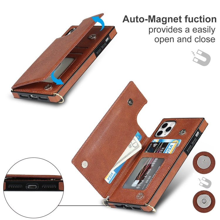 For iPhone 11 Pro Max Cross-body Square Double Buckle Flip Card Bag TPU+PU Case with Card Slots & Wallet & Photo & Strap