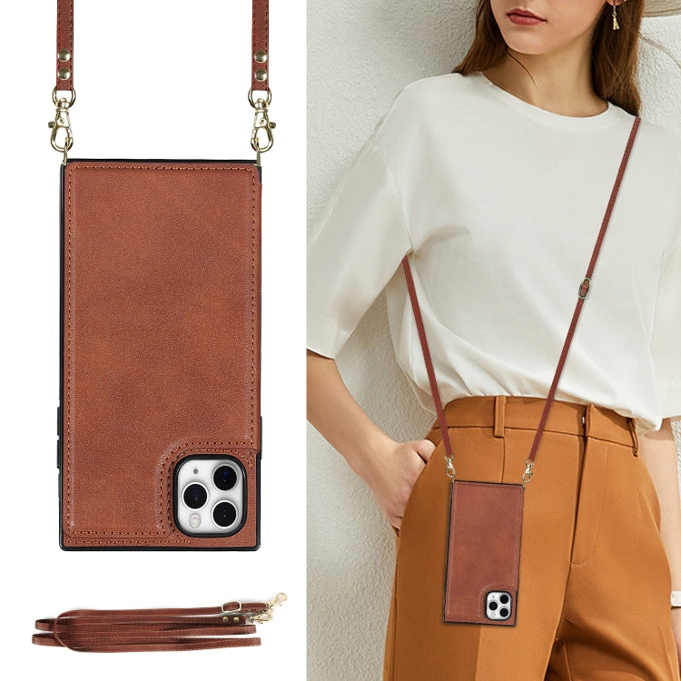 For iPhone 11 Pro Max Cross-body Square Double Buckle Flip Card Bag TPU+PU Case with Card Slots & Wallet & Photo & Strap
