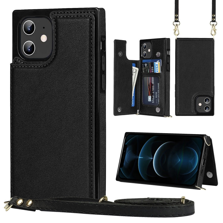 For iPhone 12 / 12 Pro Cross-body Square Double Buckle Flip Card Bag TPU+PU Case with Card Slots & Wallet & Photo & Strap