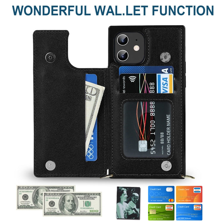 For iPhone 12 / 12 Pro Cross-body Square Double Buckle Flip Card Bag TPU+PU Case with Card Slots & Wallet & Photo & Strap