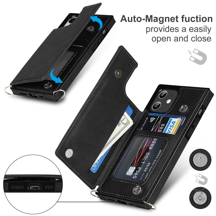 For iPhone 12 / 12 Pro Cross-body Square Double Buckle Flip Card Bag TPU+PU Case with Card Slots & Wallet & Photo & Strap
