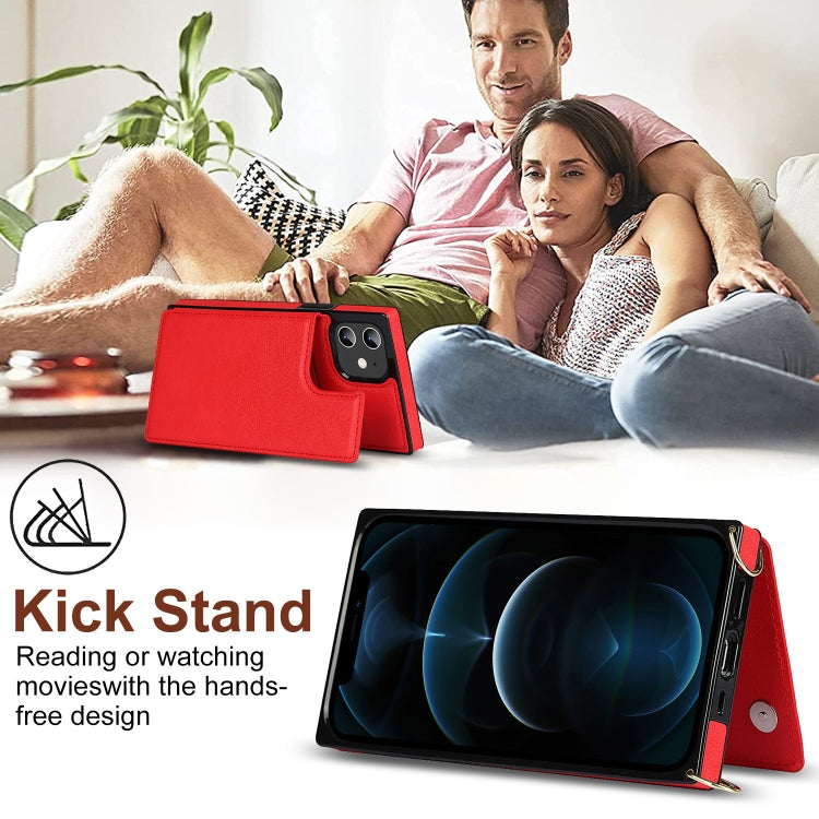 For iPhone 12 / 12 Pro Cross-body Square Double Buckle Flip Card Bag TPU+PU Case with Card Slots & Wallet & Photo & Strap