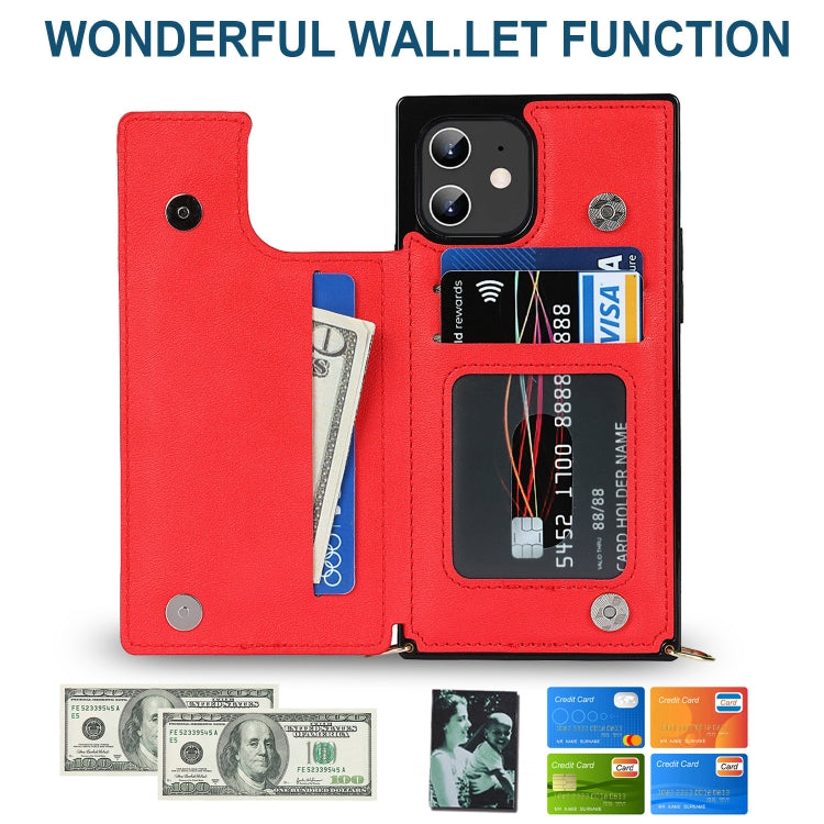 For iPhone 12 / 12 Pro Cross-body Square Double Buckle Flip Card Bag TPU+PU Case with Card Slots & Wallet & Photo & Strap