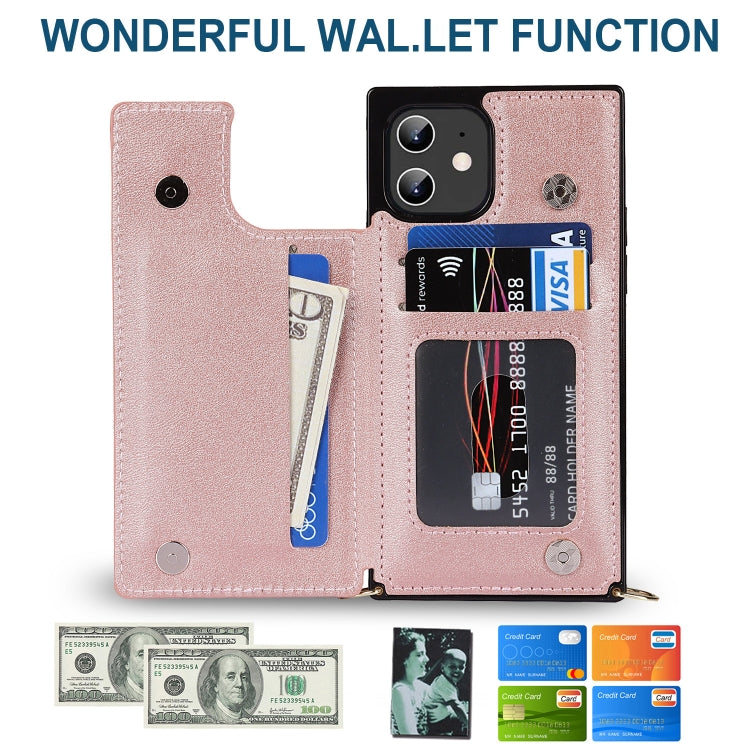 For iPhone 12 / 12 Pro Cross-body Square Double Buckle Flip Card Bag TPU+PU Case with Card Slots & Wallet & Photo & Strap