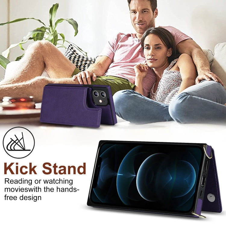 For iPhone 12 / 12 Pro Cross-body Square Double Buckle Flip Card Bag TPU+PU Case with Card Slots & Wallet & Photo & Strap
