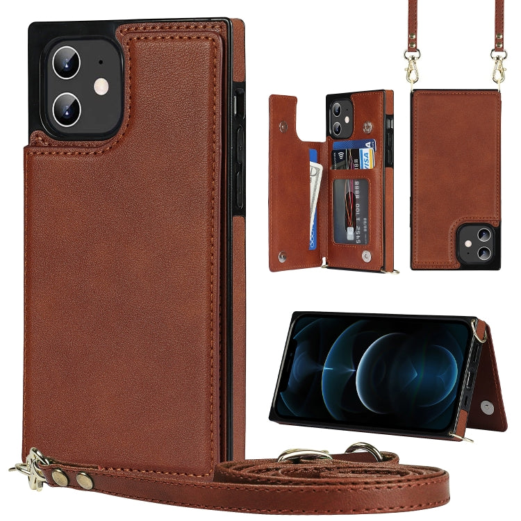 For iPhone 12 / 12 Pro Cross-body Square Double Buckle Flip Card Bag TPU+PU Case with Card Slots & Wallet & Photo & Strap
