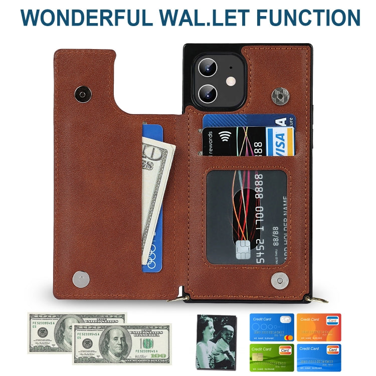 For iPhone 12 / 12 Pro Cross-body Square Double Buckle Flip Card Bag TPU+PU Case with Card Slots & Wallet & Photo & Strap