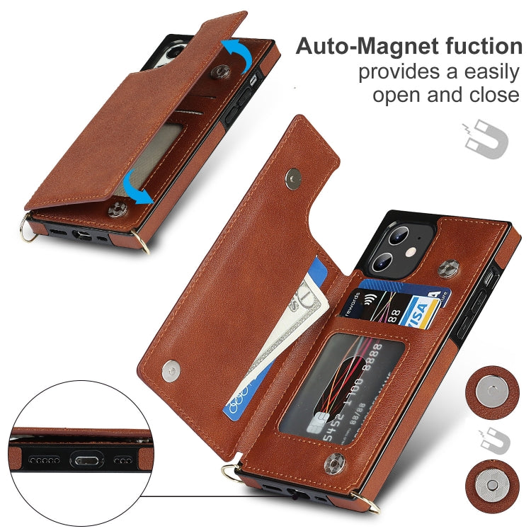For iPhone 12 / 12 Pro Cross-body Square Double Buckle Flip Card Bag TPU+PU Case with Card Slots & Wallet & Photo & Strap