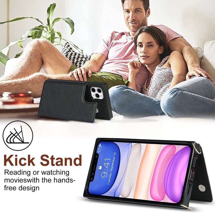 For iPhone 12 Pro Max Cross-body Square Double Buckle Flip Card Bag TPU+PU Case with Card Slots & Wallet & Photo & Strap