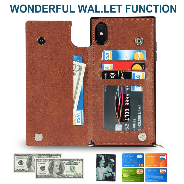 For iPhone X / XS Cross-body Square Double Buckle Flip Card Bag TPU+PU Case with Card Slots & Wallet & Photo & Strap