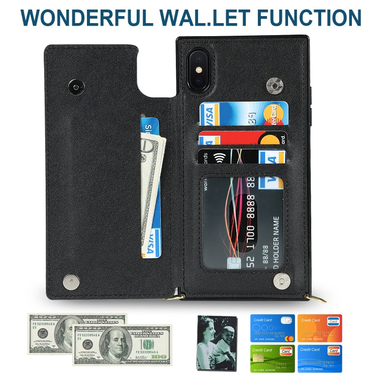 For iPhone XS Max Cross-body Square Double Buckle Flip Card Bag TPU+PU Case with Card Slots & Wallet & Photo & Strap
