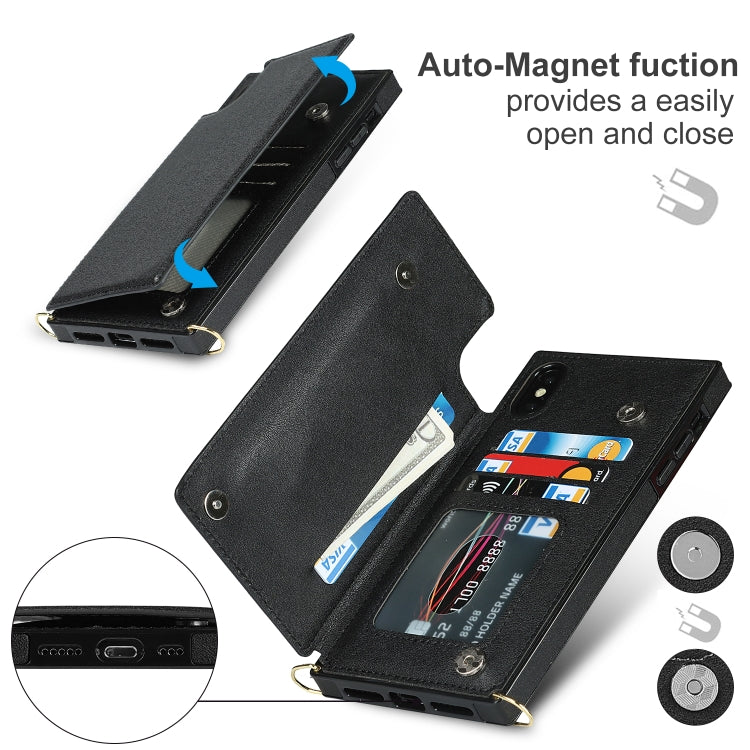 For iPhone XS Max Cross-body Square Double Buckle Flip Card Bag TPU+PU Case with Card Slots & Wallet & Photo & Strap