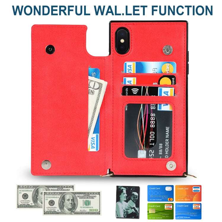 For iPhone XS Max Cross-body Square Double Buckle Flip Card Bag TPU+PU Case with Card Slots & Wallet & Photo & Strap