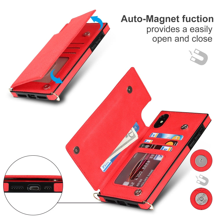 For iPhone XS Max Cross-body Square Double Buckle Flip Card Bag TPU+PU Case with Card Slots & Wallet & Photo & Strap