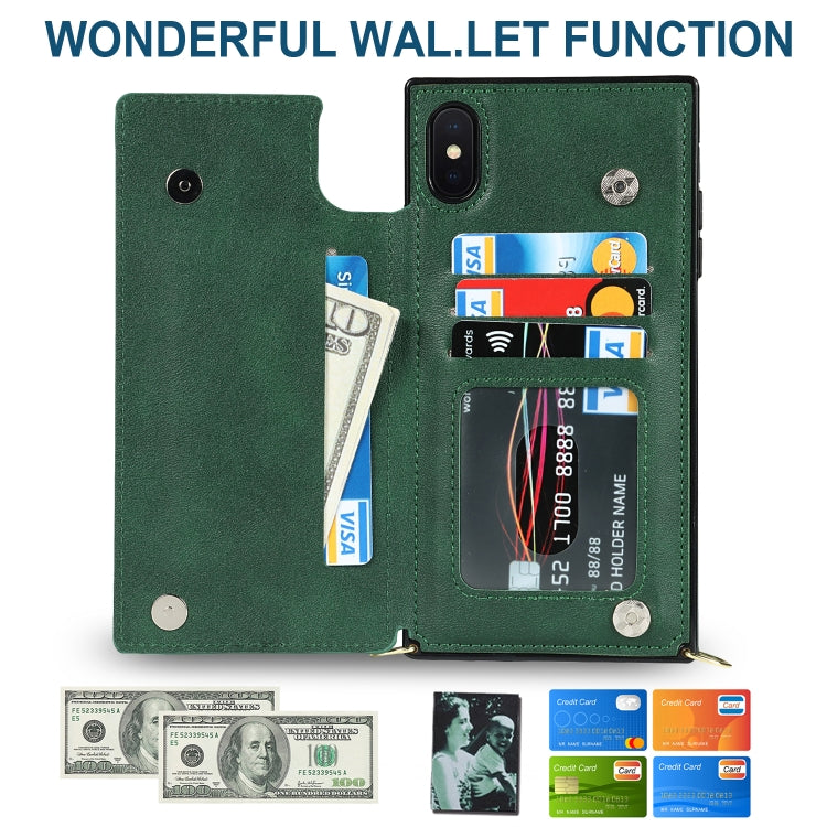 For iPhone XS Max Cross-body Square Double Buckle Flip Card Bag TPU+PU Case with Card Slots & Wallet & Photo & Strap