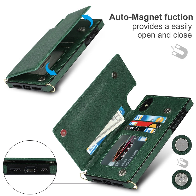 For iPhone XS Max Cross-body Square Double Buckle Flip Card Bag TPU+PU Case with Card Slots & Wallet & Photo & Strap