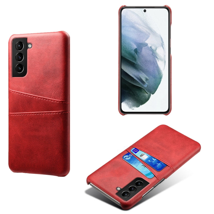 For Samsung Galaxy S21 FE 5G Calf Texture PC + PU Leather Back Cover Shockproof Case with Dual Card Slots