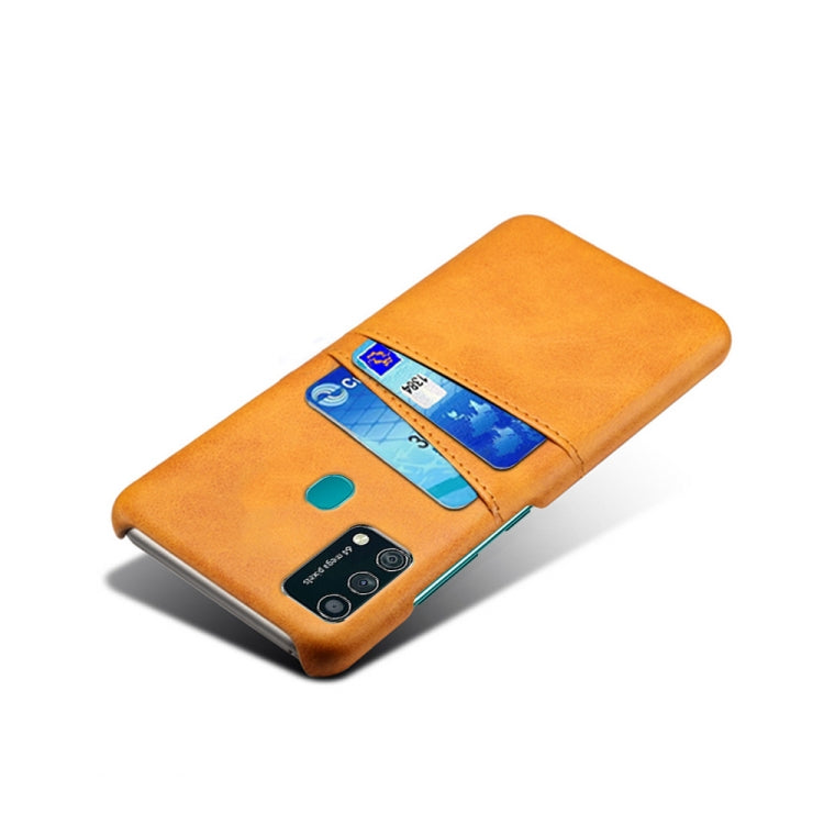 For Samsung Galaxy F41 Calf Texture PC + PU Leather Back Cover Shockproof Case with Dual Card Slots