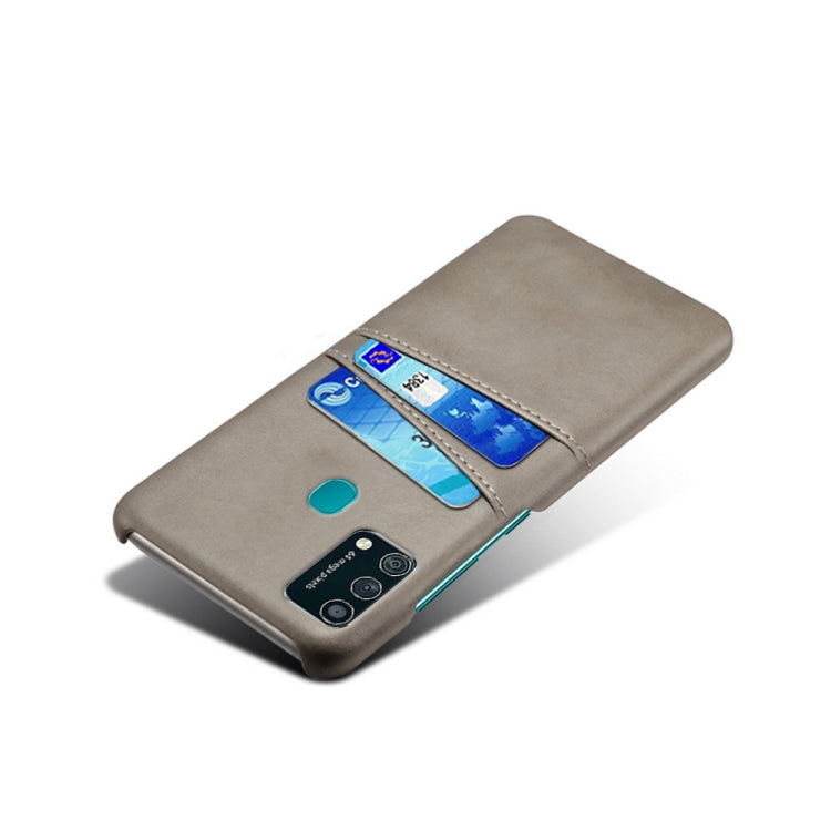 For Samsung Galaxy F41 Calf Texture PC + PU Leather Back Cover Shockproof Case with Dual Card Slots