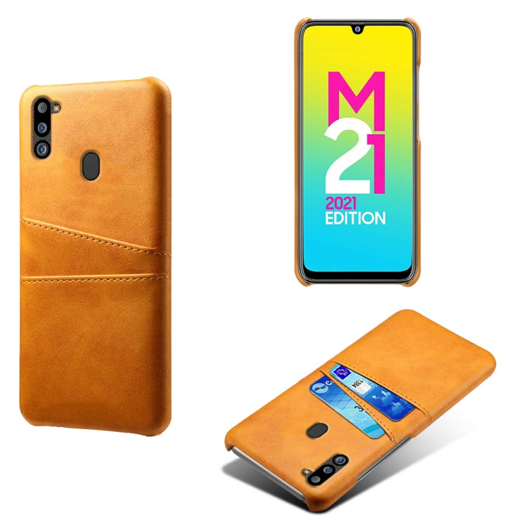 For Samsung Galaxy M21 2021 Calf Texture PC + PU Leather Back Cover Shockproof Case with Dual Card Slots