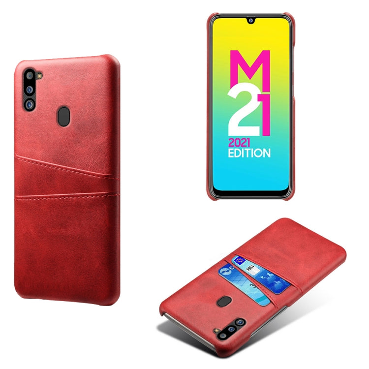 For Samsung Galaxy M21 2021 Calf Texture PC + PU Leather Back Cover Shockproof Case with Dual Card Slots