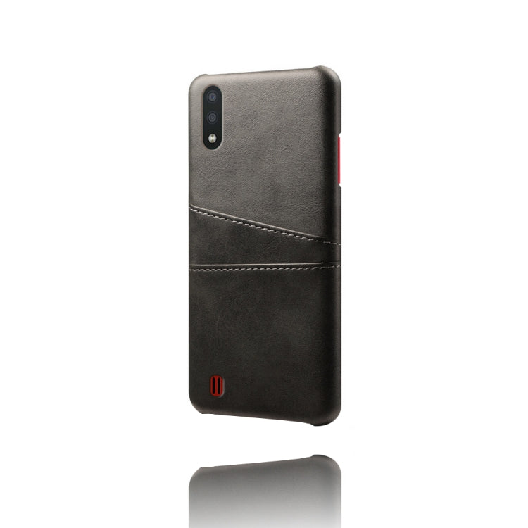 For Samsung Galaxy M01 Calf Texture PC + PU Leather Back Cover Shockproof Case with Dual Card Slots