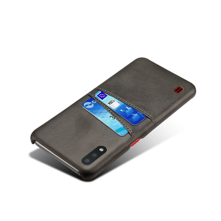 For Samsung Galaxy M01 Calf Texture PC + PU Leather Back Cover Shockproof Case with Dual Card Slots