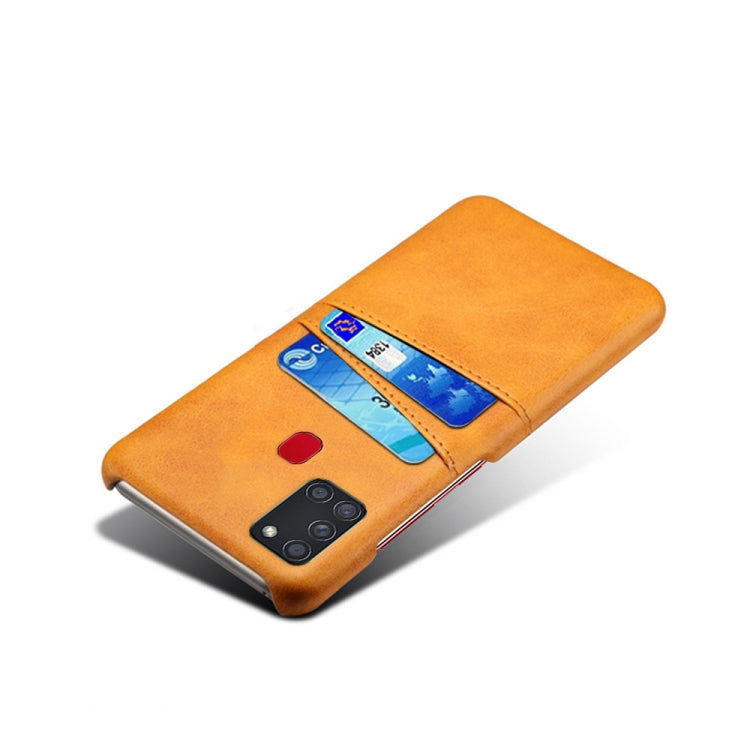 For Samsung Galaxy A21s Calf Texture PC + PU Leather Back Cover Shockproof Case with Dual Card Slots
