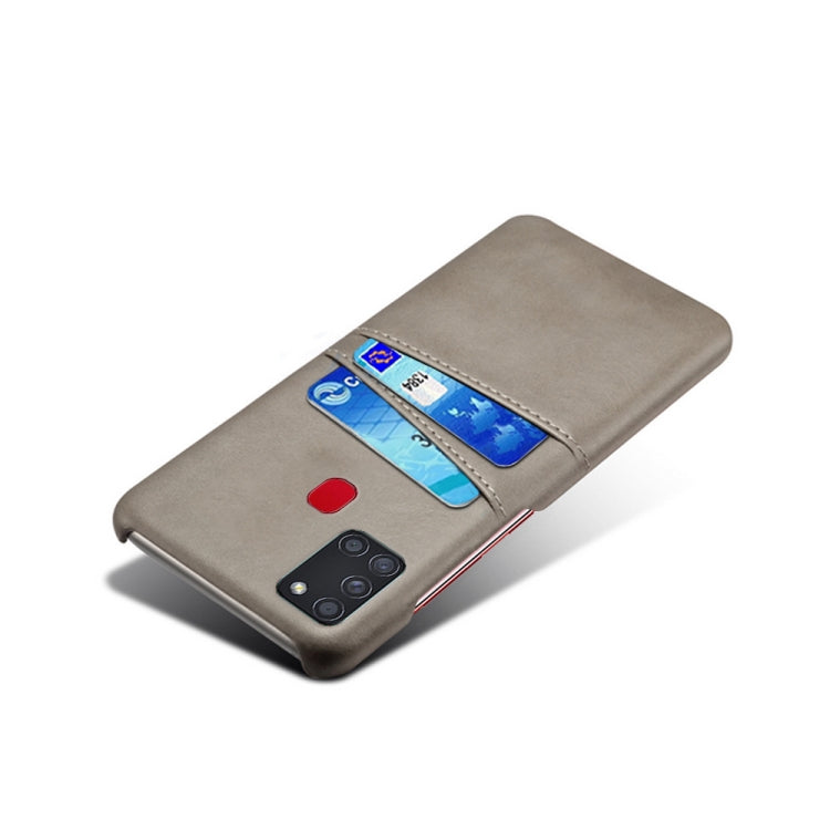 For Samsung Galaxy A21s Calf Texture PC + PU Leather Back Cover Shockproof Case with Dual Card Slots