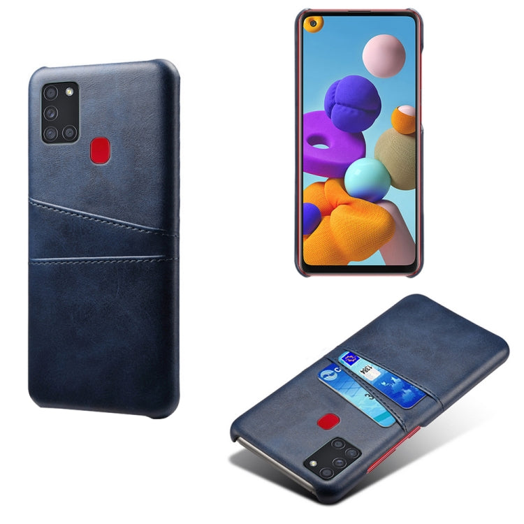 For Samsung Galaxy A21s Calf Texture PC + PU Leather Back Cover Shockproof Case with Dual Card Slots