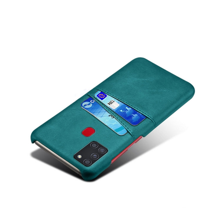 For Samsung Galaxy A21s Calf Texture PC + PU Leather Back Cover Shockproof Case with Dual Card Slots