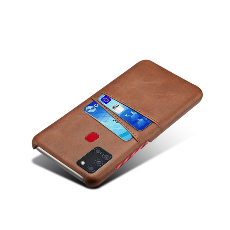 For Samsung Galaxy A21s Calf Texture PC + PU Leather Back Cover Shockproof Case with Dual Card Slots