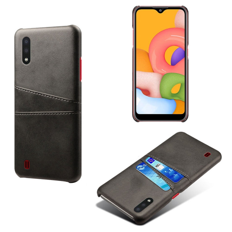 For Samsung Galaxy A01 Calf Texture PC + PU Leather Back Cover Shockproof Case with Dual Card Slots
