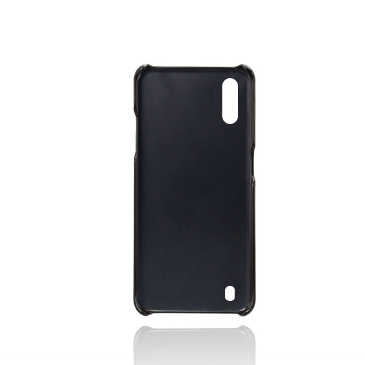 For Samsung Galaxy A01 Calf Texture PC + PU Leather Back Cover Shockproof Case with Dual Card Slots