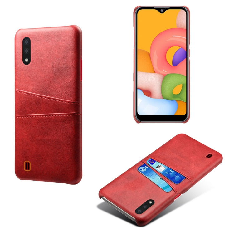 For Samsung Galaxy A01 Calf Texture PC + PU Leather Back Cover Shockproof Case with Dual Card Slots