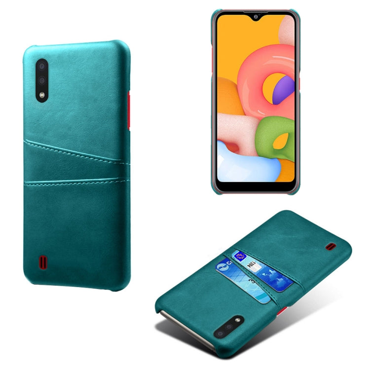 For Samsung Galaxy A01 Calf Texture PC + PU Leather Back Cover Shockproof Case with Dual Card Slots
