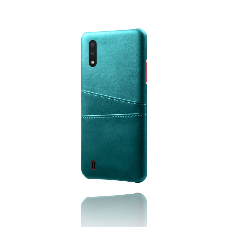 For Samsung Galaxy A01 Calf Texture PC + PU Leather Back Cover Shockproof Case with Dual Card Slots