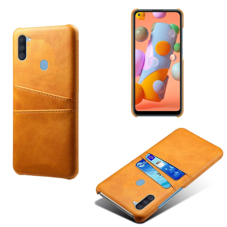 For Samsung Galaxy A11 Calf Texture PC + PU Leather Back Cover Shockproof Case with Dual Card Slots