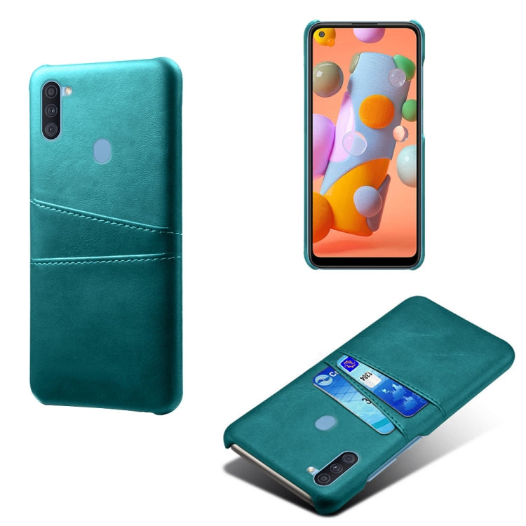For Samsung Galaxy A11 Calf Texture PC + PU Leather Back Cover Shockproof Case with Dual Card Slots