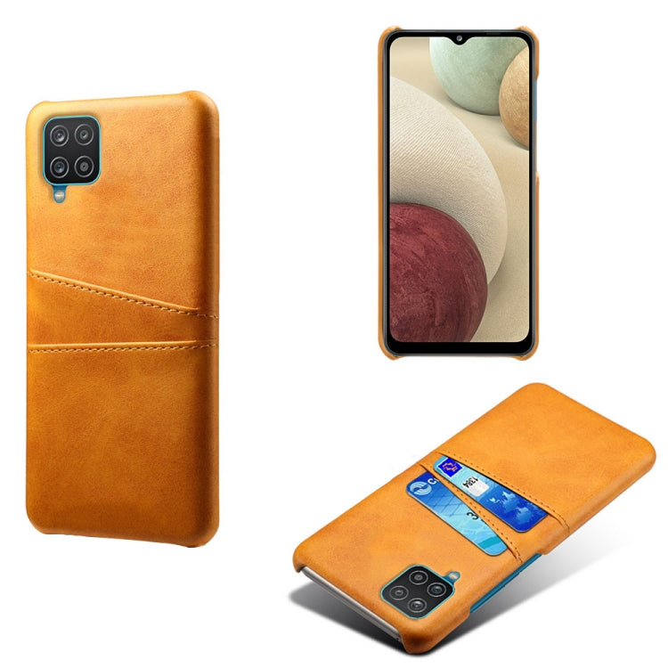 For Samsung Galaxy A12 Calf Texture PC + PU Leather Back Cover Shockproof Case with Dual Card Slots