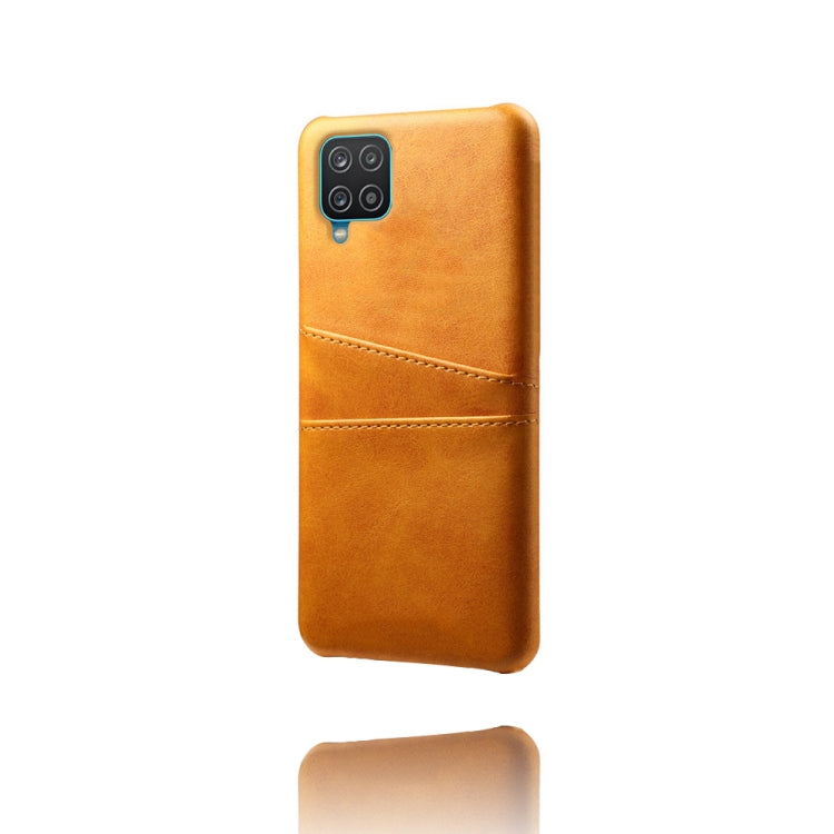 For Samsung Galaxy A12 Calf Texture PC + PU Leather Back Cover Shockproof Case with Dual Card Slots
