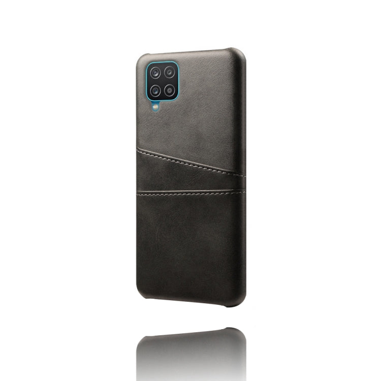 For Samsung Galaxy A12 Calf Texture PC + PU Leather Back Cover Shockproof Case with Dual Card Slots
