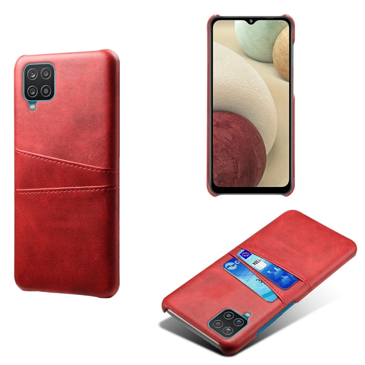 For Samsung Galaxy A12 Calf Texture PC + PU Leather Back Cover Shockproof Case with Dual Card Slots